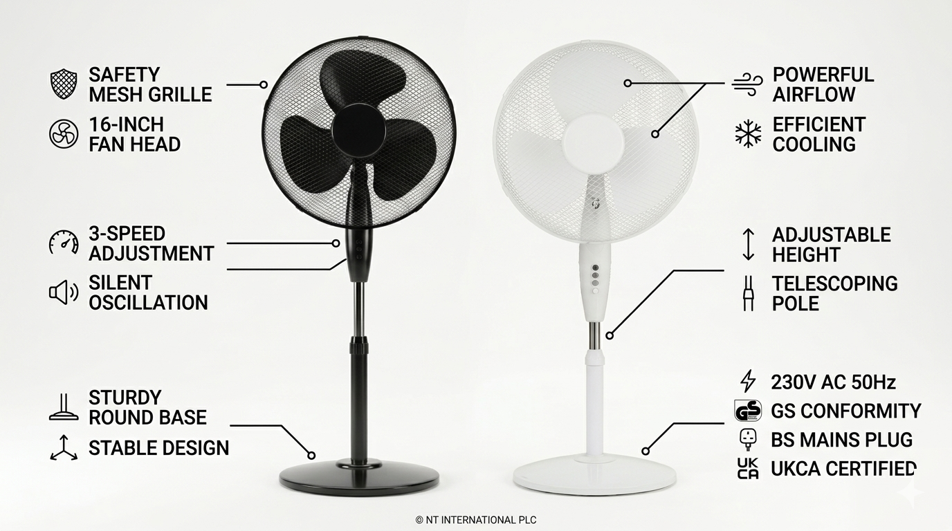 16 Inch Oscillating Stand Fan with Round Base | 3 Speed Silent Pedestal Fan | White & Black | 40cm UK Plug