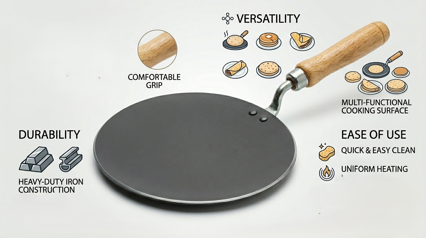 10 inch Non-Stick Iron Tawa Griddle Pan with Wooden Handle – Flat Round Chapati & Roti Tawa for Gas & Open Flame Cooking