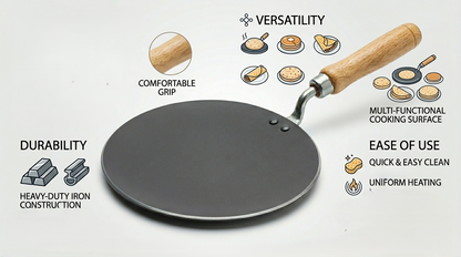 10 inch Non-Stick Iron Tawa Griddle Pan with Wooden Handle – Flat Round Chapati & Roti Tawa for Gas & Open Flame Cooking