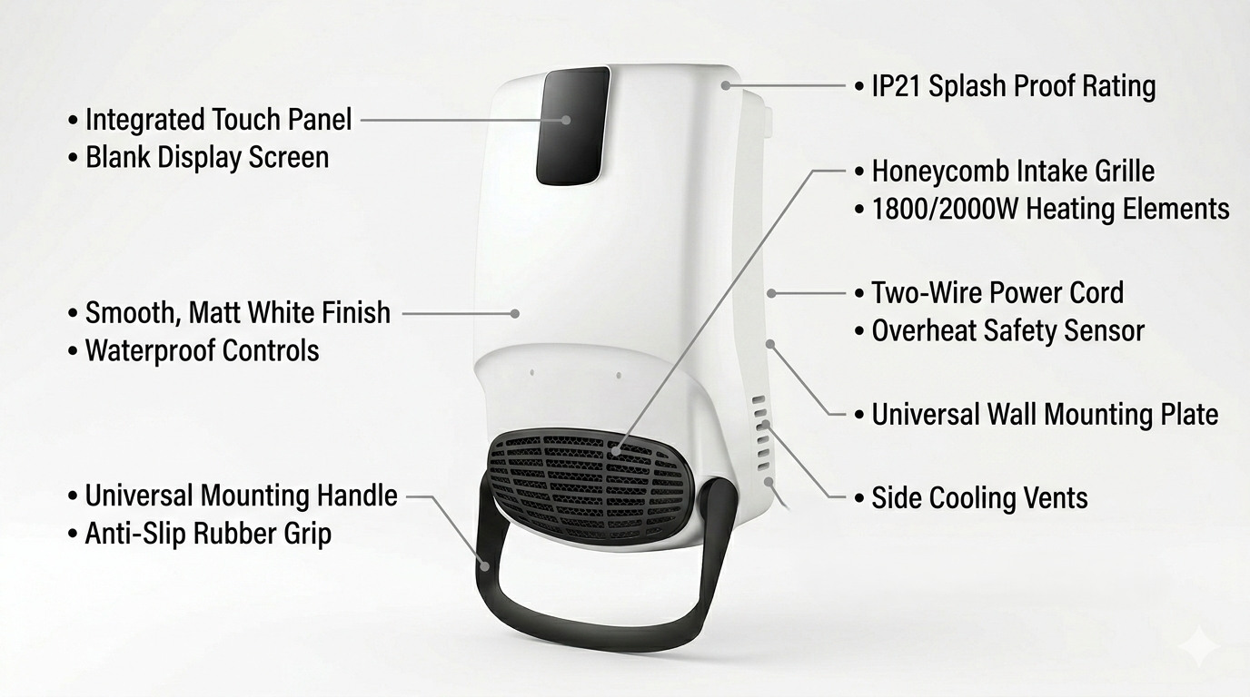 2000W Bathroom Heater with Remote Control & 24 Hour Timer – Wall Mount 3 Heat Settings Fan Heater with Towel Rack
