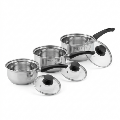 Complete Stainless Steel Saucepan Set – 6 Piece Kitchen Cookware with Glass Lids | 14cm, 16cm & 18cm | Mirror Polish Finish