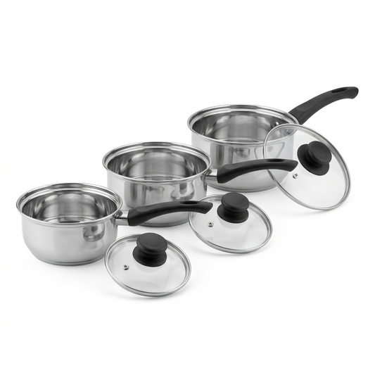 Complete Stainless Steel Saucepan Set – 6 Piece Kitchen Cookware with Glass Lids | 14cm, 16cm & 18cm | Mirror Polish Finish
