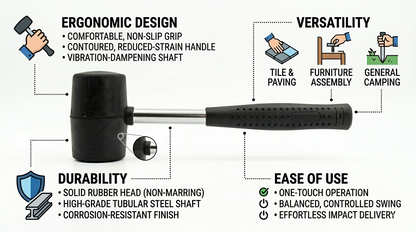 Rubber Mallet | Solid Rubber Head | Tubular Steel Shaft | Anti-Slip Grip | 8oz 16oz or 32oz