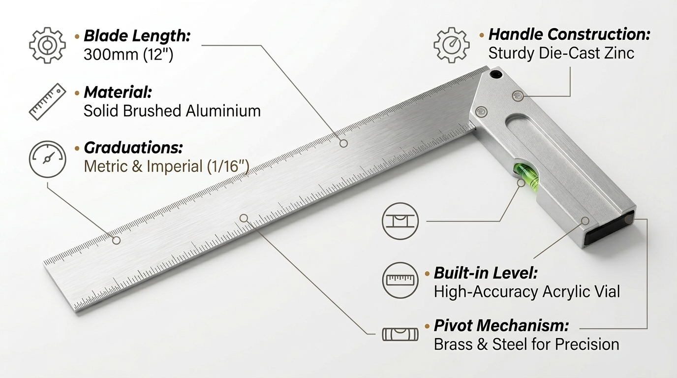 12" Aluminium Carpenter's Square with Spirit Level — 300mm Metric & Imperial Two-Sided Graduated Blade