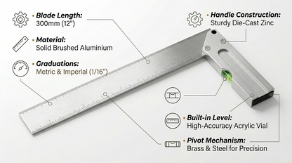 12" Aluminium Carpenter's Square with Spirit Level — 300mm Metric & Imperial Two-Sided Graduated Blade