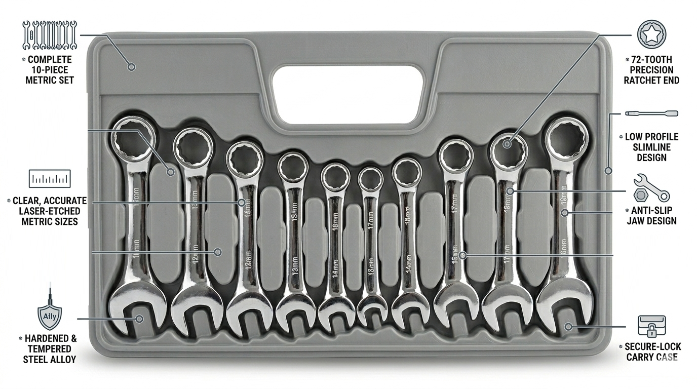 10 Piece Stubby Combination Spanner Set – 10 to 19mm, Drop Forged Carbon Steel, Fully Polished Chrome