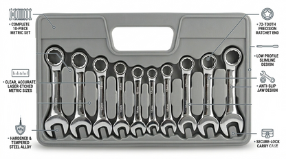 10 Piece Stubby Combination Spanner Set – 10 to 19mm, Drop Forged Carbon Steel, Fully Polished Chrome
