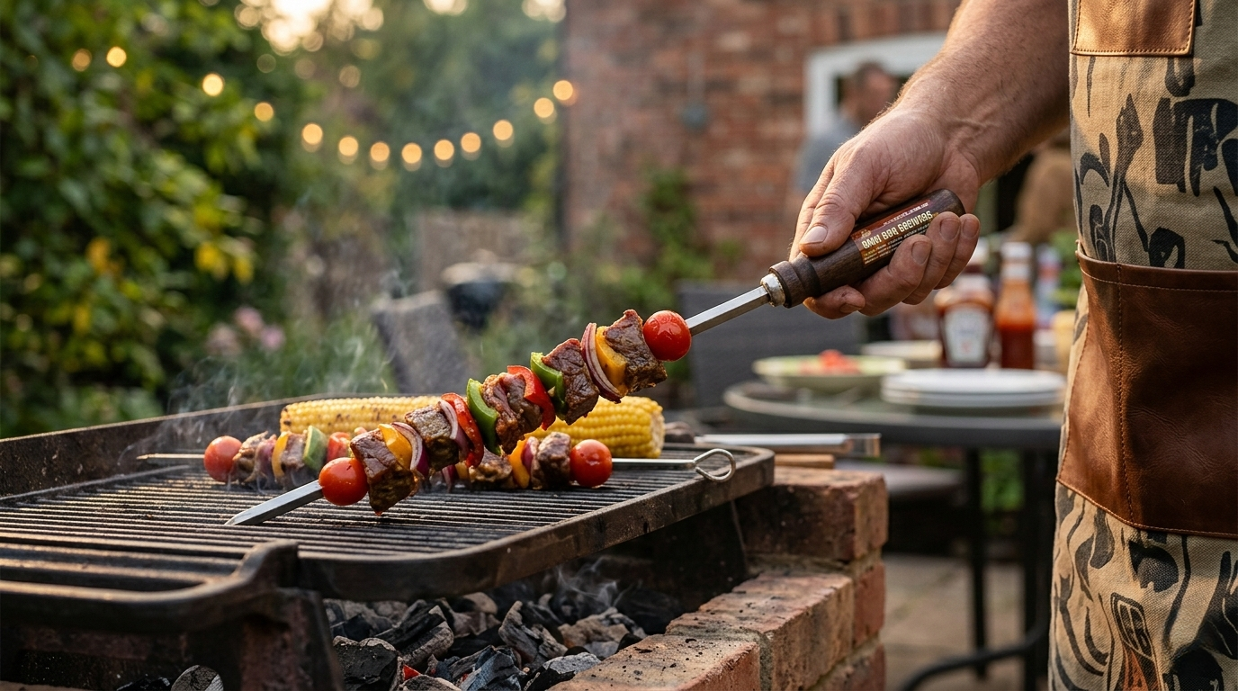 BBQ Skewers Wooden Handle | Flat Stainless Blade | Anti-Spin | Reusable | 5mm or 8mm Width