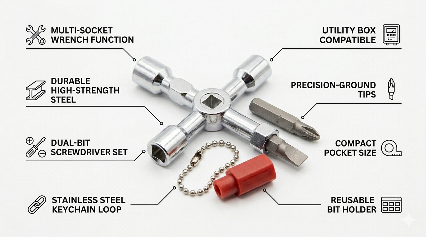 11-in-1 Universal Utility Key — Multi-Function Cabinet & Meter Box Key with Screwdriver Bits