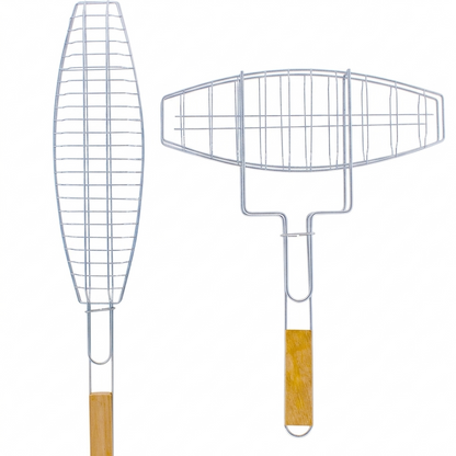 Chrome Wire Fish BBQ Grill Basket with Wooden Handle – Available in 2 Sizes: Slim 37x12CM & Wide 14.5x4.5 Inch – Fish-Shaped Grilling Basket for Whole Fish on Gas & Charcoal Barbecue