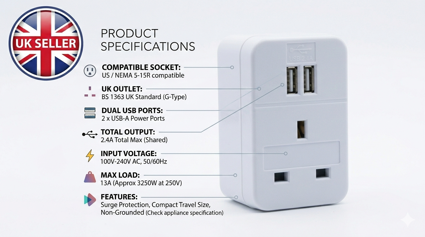 UK to EU and US Travel Plug Adaptor with 2 USB Ports – European American Holiday Adaptor 240V Dual USB Charging Socket