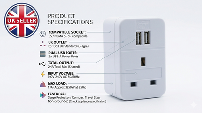 UK to EU and US Travel Plug Adaptor with 2 USB Ports – European American Holiday Adaptor 240V Dual USB Charging Socket