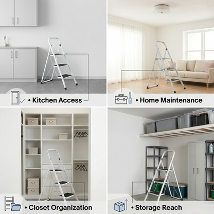 3 Step Folding Steel Step Ladder – Anti-Slip Steps Safety Handle Rubber Feet Lightweight Home Kitchen Loft DIY Use