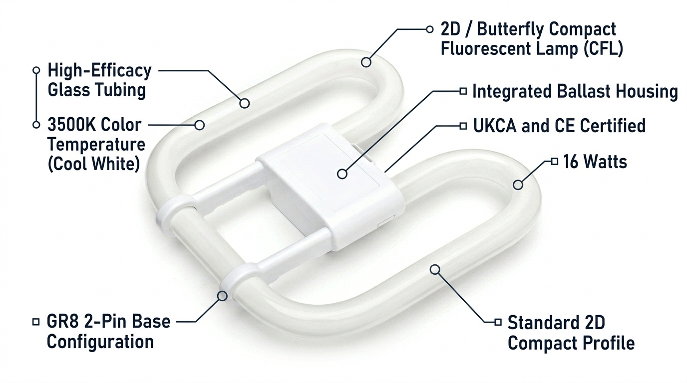2D Fluorescent Light Bulb 16W 2-Pin GR8 3500K – Energy Saving Butterfly Tube Lamp for Home & Commercial Use