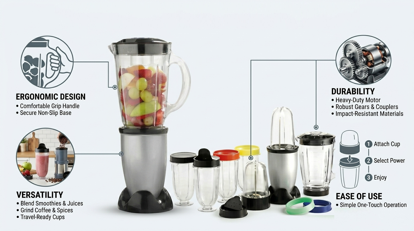 17 Piece Multi Blender Set – Chops, Blends, Grinds, Juices – Large Jug, Personal Cups, Grinding Attachment Included
