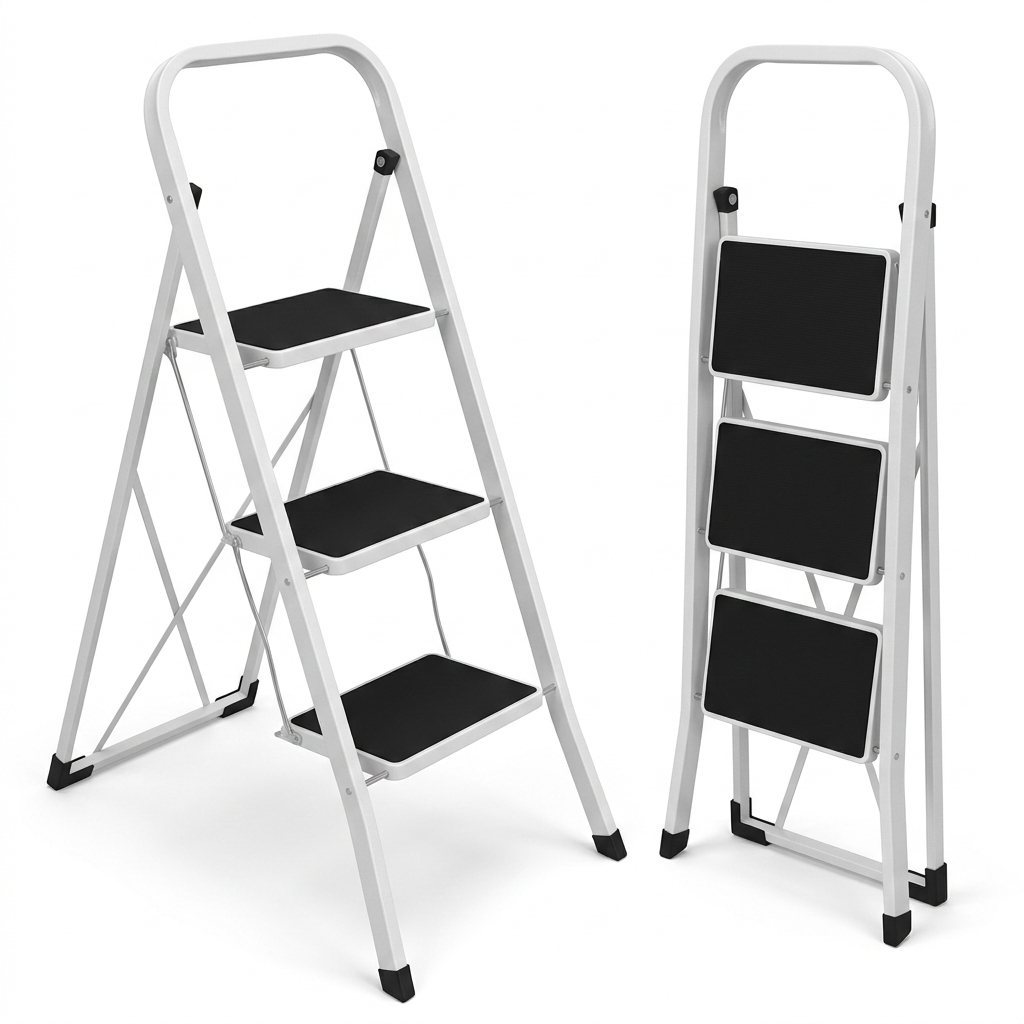 3 Step Folding Steel Step Ladder – Anti-Slip Steps Safety Handle Rubber Feet Lightweight Home Kitchen Loft DIY Use