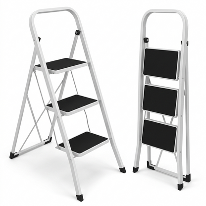 3 Step Folding Steel Step Ladder – Anti-Slip Steps Safety Handle Rubber Feet Lightweight Home Kitchen Loft DIY Use