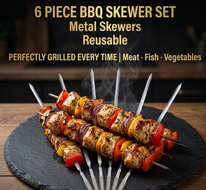 6 Piece Long Flat Blade BBQ Skewers with Spring Coil Handle – Heavy Duty Stainless Steel Kebab Skewers for Kofta, Shish, Meat & Vegetables, Outdoor Barbecue, Charcoal Grill & Camping