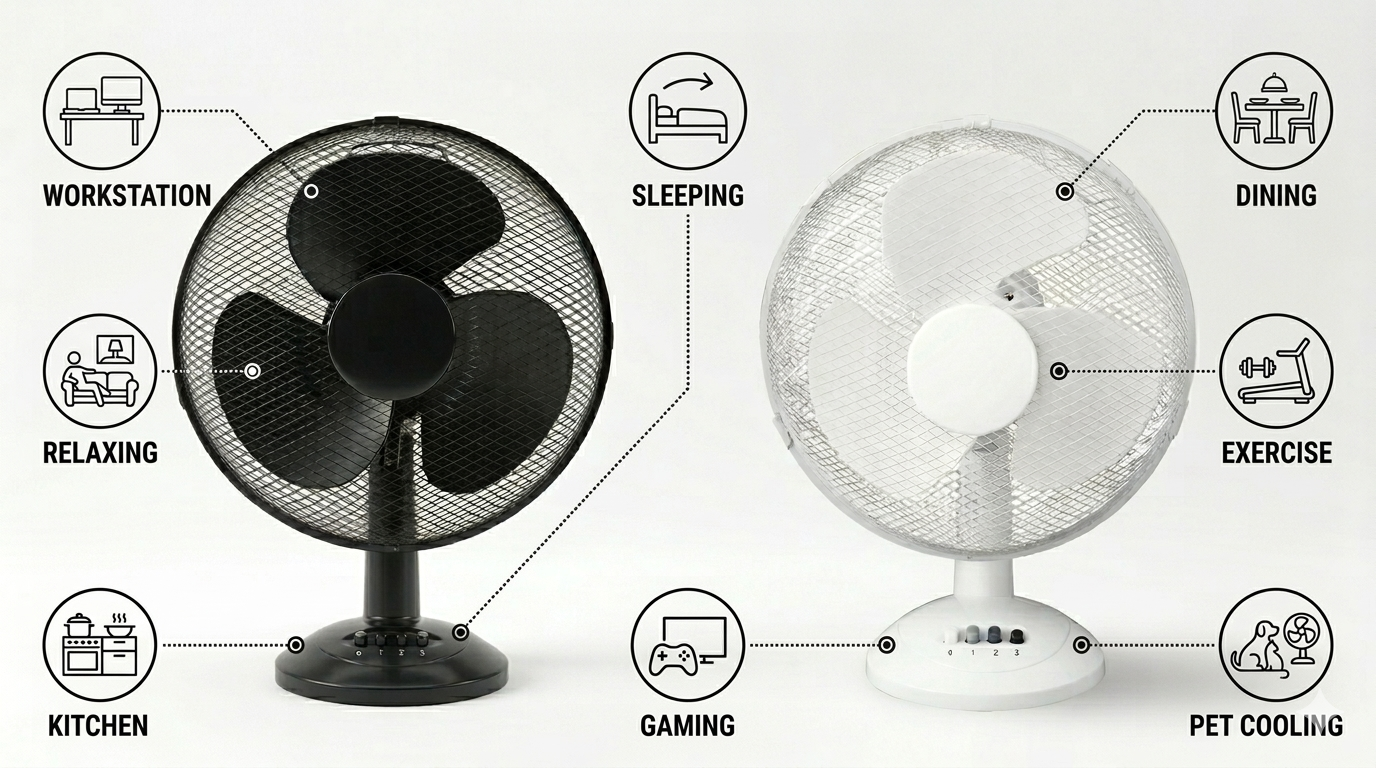 12 Inch Oscillating Desk Fan | 3 Speed Settings | Silent Motor | Mesh Grill | Black or White