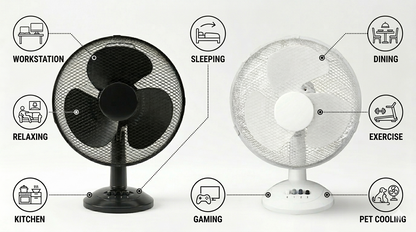 12 Inch Oscillating Desk Fan | 3 Speed Settings | Silent Motor | Mesh Grill | Black or White