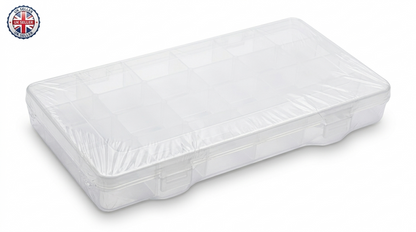 Clear Plastic Organiser Box with Removable Dividers – Adjustable Compartments, Snap Lid, Two Sizes