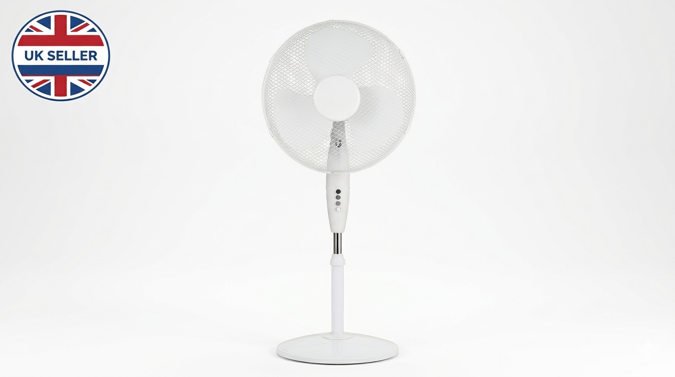 16 Inch Oscillating Stand Fan with Round Base | 3 Speed Silent Pedestal Fan | White & Black | 40cm UK Plug