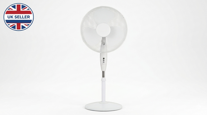 16 Inch Oscillating Stand Fan with Round Base | 3 Speed Silent Pedestal Fan | White & Black | 40cm UK Plug