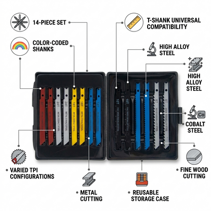 14PC Jigsaw Blade Set – Metal Cobalt Steel & Wood High Alloy Steel Blades | Multi-Purpose Jigsaw Blades for Wood & Metal Cutting