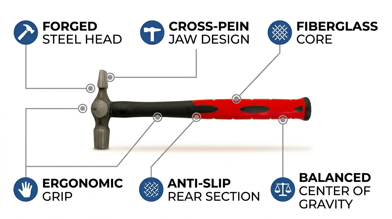Cross Peen Hammer – Hardened Steel Head, Fibreglass Anti-Vibration Shaft, Bi-Material Red Black Grip