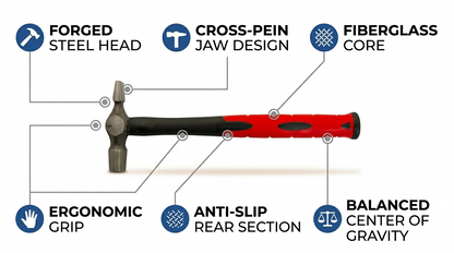 Cross Peen Hammer – Hardened Steel Head, Fibreglass Anti-Vibration Shaft, Bi-Material Red Black Grip
