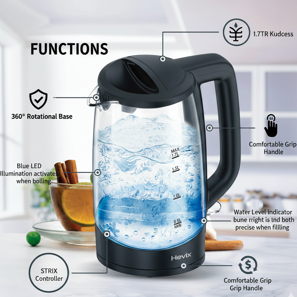 1.7L Cordless Glass Kettle 2200W Fast Boiling Kettle
