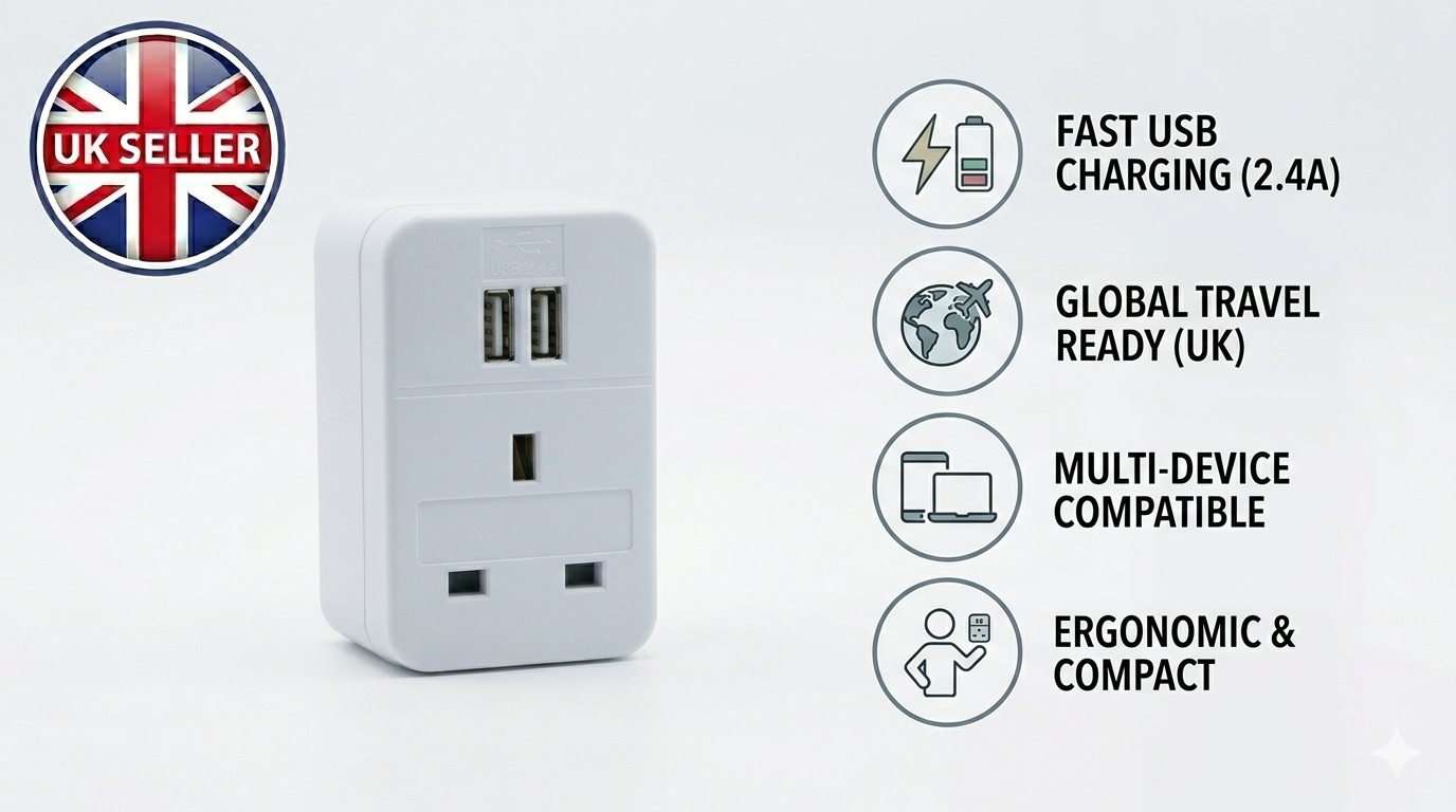 UK to EU and US Travel Plug Adaptor with 2 USB Ports – European American Holiday Adaptor 240V Dual USB Charging Socket