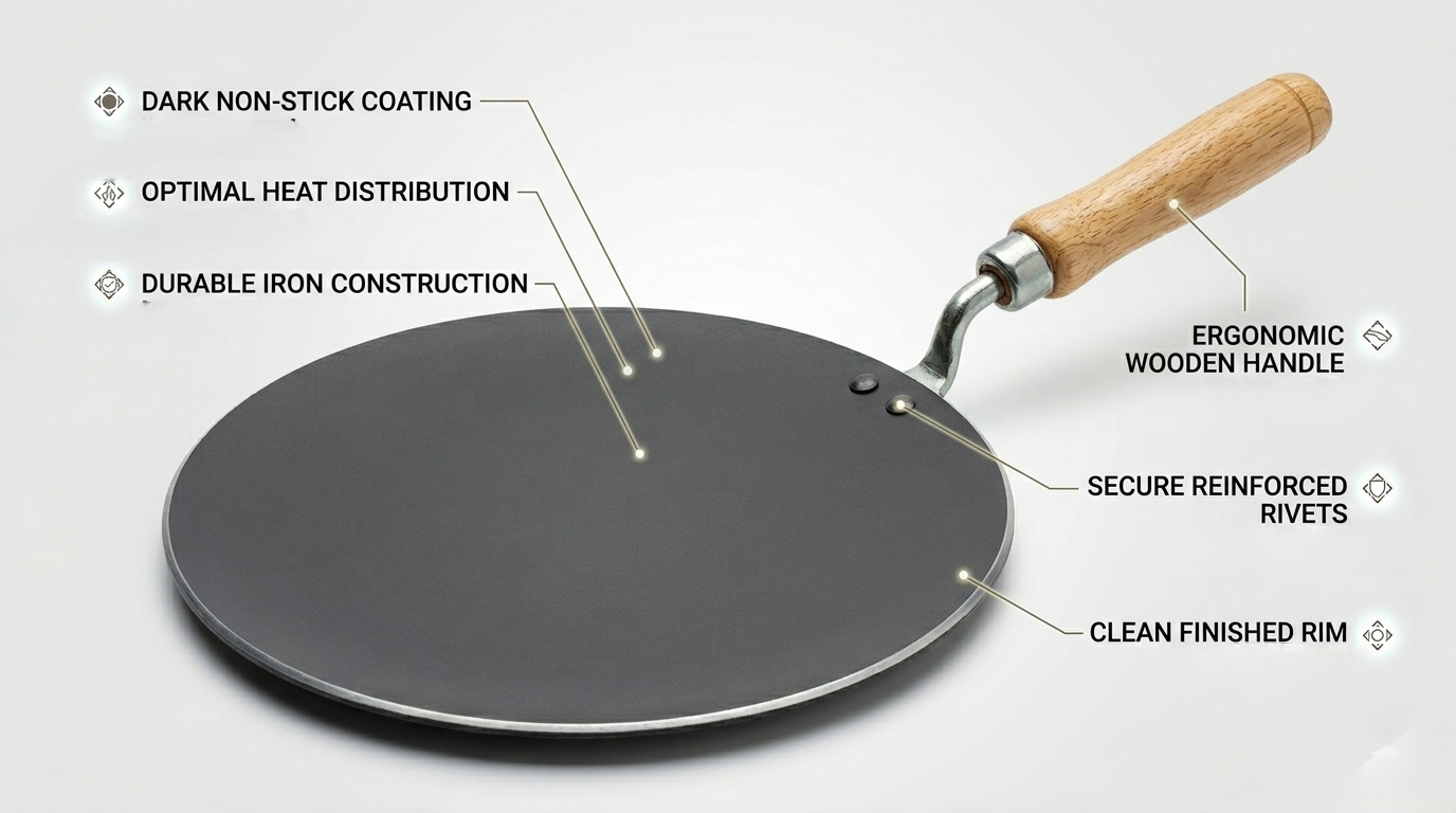 10 inch Non-Stick Iron Tawa Griddle Pan with Wooden Handle – Flat Round Chapati & Roti Tawa for Gas & Open Flame Cooking