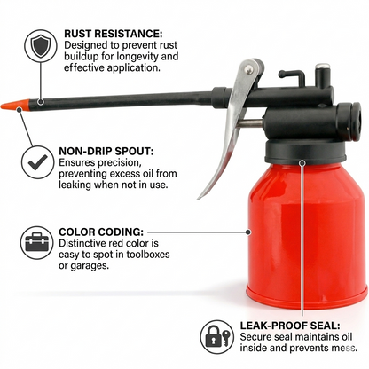 Pump Action Oil Can with Long Spout – Metal Body Precision Lubricator for Workshop Garage Machinery Bike Chain Tools