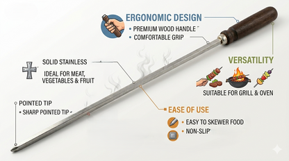 BBQ Skewers Wooden Handle | Flat Stainless Blade | Anti-Spin | Reusable | 5mm or 8mm Width