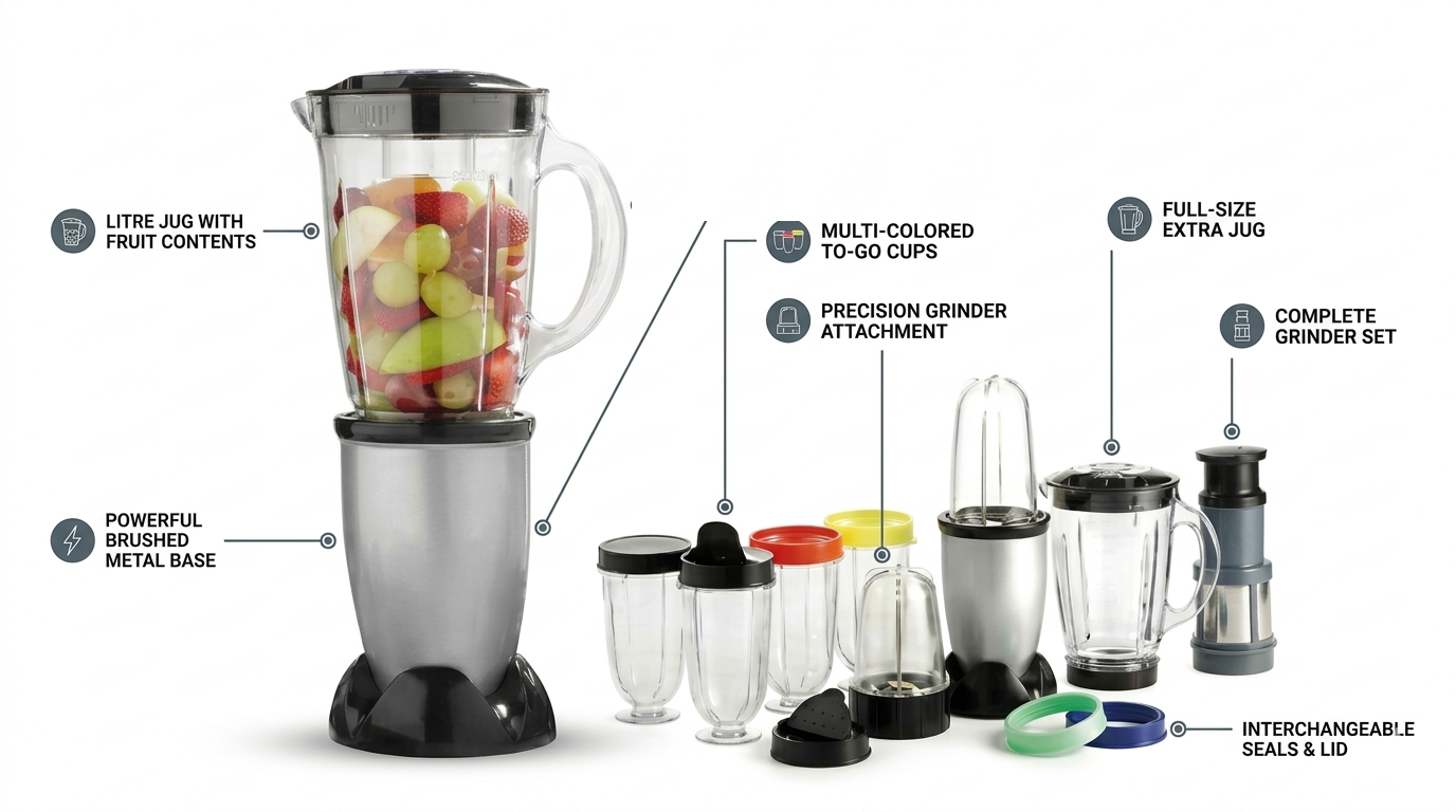 17 Piece Multi Blender Set – Chops, Blends, Grinds, Juices – Large Jug, Personal Cups, Grinding Attachment Included