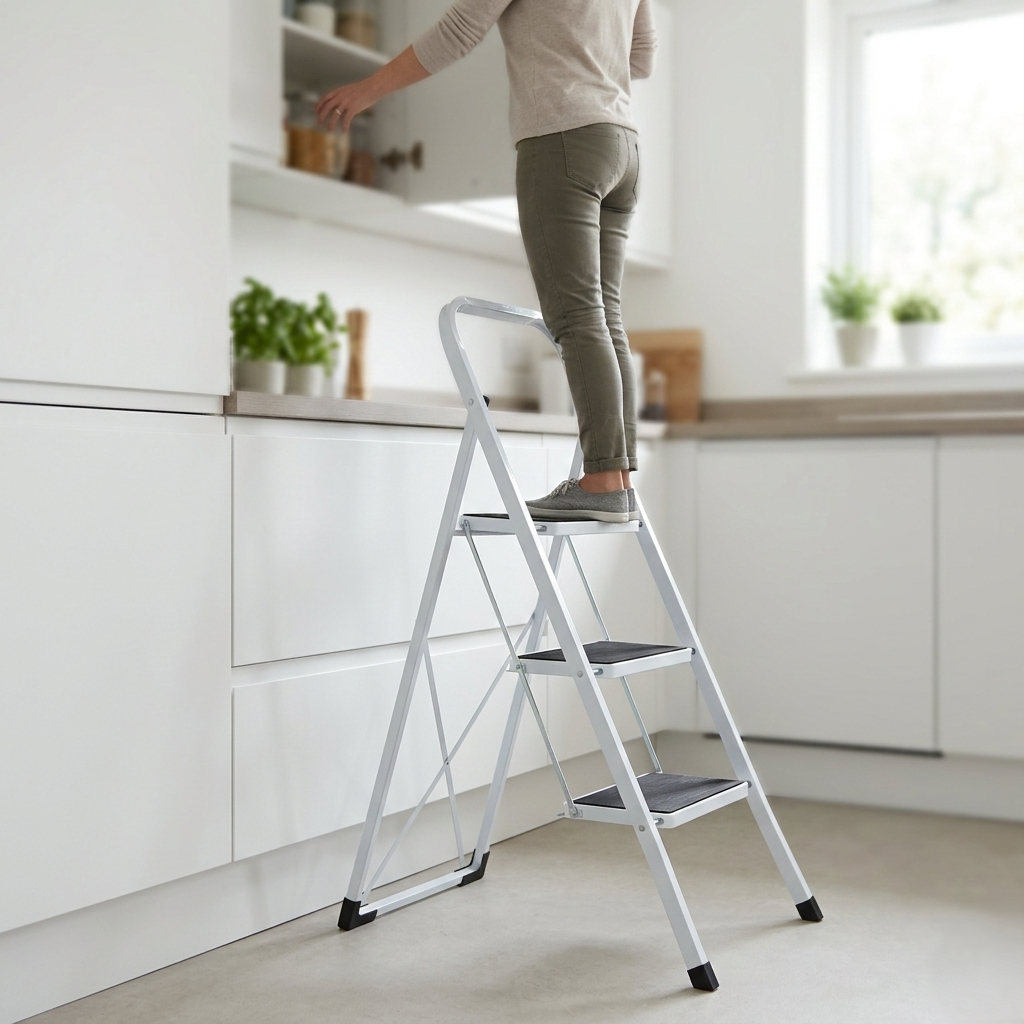 3 Step Folding Steel Step Ladder – Anti-Slip Steps Safety Handle Rubber Feet Lightweight Home Kitchen Loft DIY Use