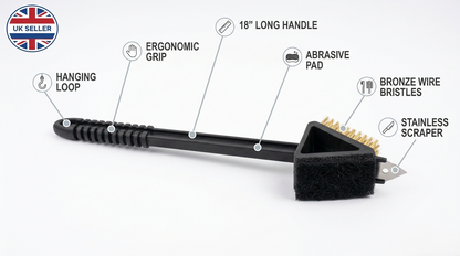 15 Inch Bronze Wire BBQ Grill Brush with Scraper & Sponge Pad – Long Handle Cleaning Brush for Barbecue Grates