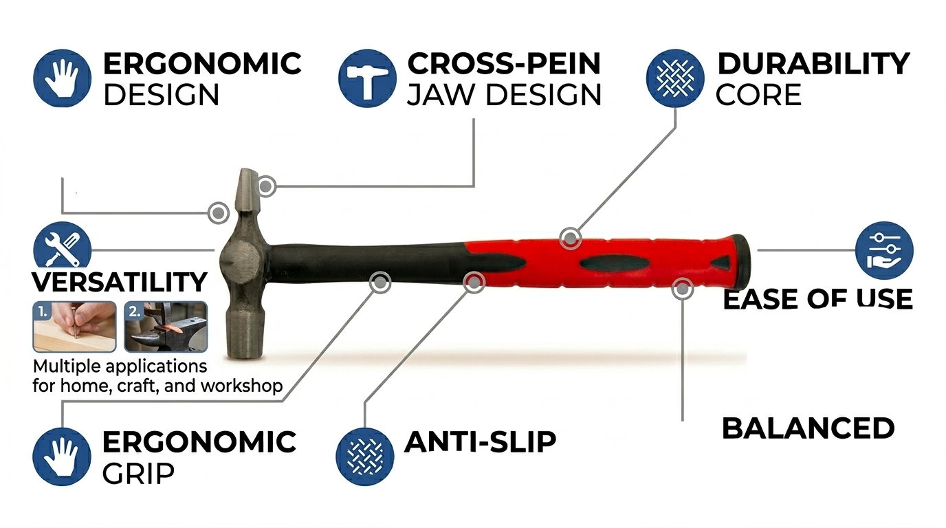 Cross Peen Hammer – Hardened Steel Head, Fibreglass Anti-Vibration Shaft, Bi-Material Red Black Grip