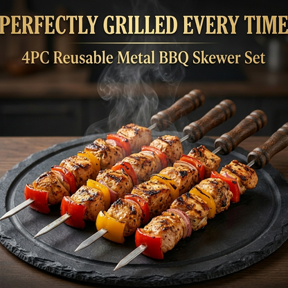 4PC or 6 PC BBQ Skewer Set with Wooden Handles – Stainless Steel Barbecue Skewers