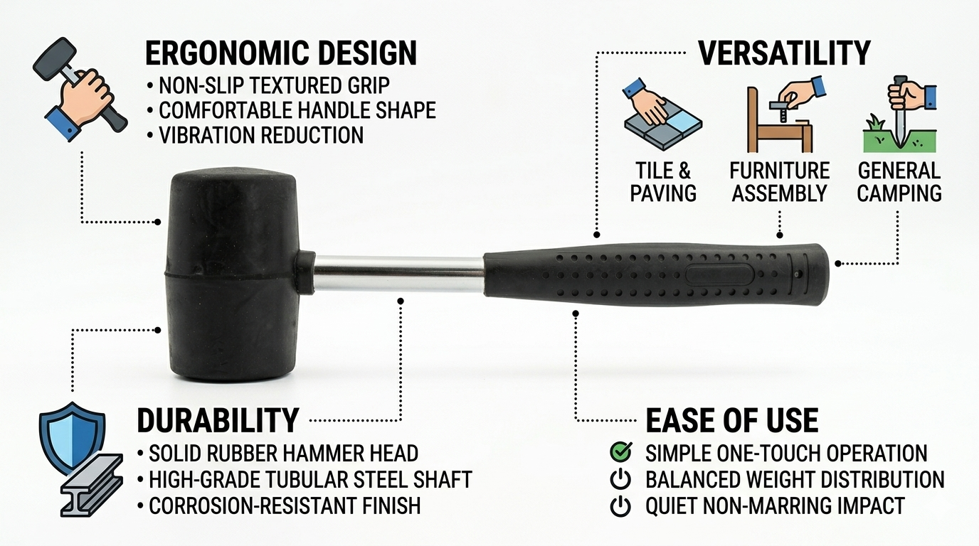 Rubber Mallet | Solid Rubber Head | Tubular Steel Shaft | Anti-Slip Grip | 8oz 16oz or 32oz