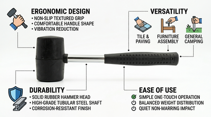 Rubber Mallet | Solid Rubber Head | Tubular Steel Shaft | Anti-Slip Grip | 8oz 16oz or 32oz