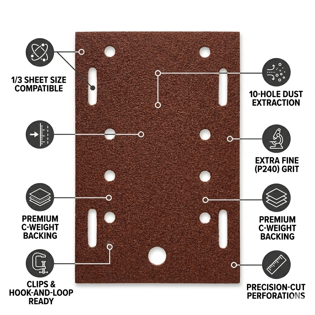 10PC 1/3 Sanding Sheet Set – P80 Medium Coarse & P240 Extra Fine Grit | Perforated Sander Sheets 93 x 230mm (10 Pack)
