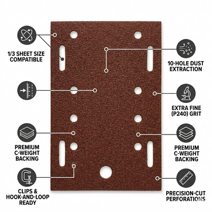 10PC 1/3 Sanding Sheet Set – P80 Medium Coarse & P240 Extra Fine Grit | Perforated Sander Sheets 93 x 230mm (10 Pack)