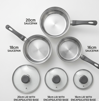 6 Piece Stainless Steel Saucepan Set – Mirror Polished with Glass Lids | Induction Ready | 3 Graduating Sizes | Premium Kitchen Cookware