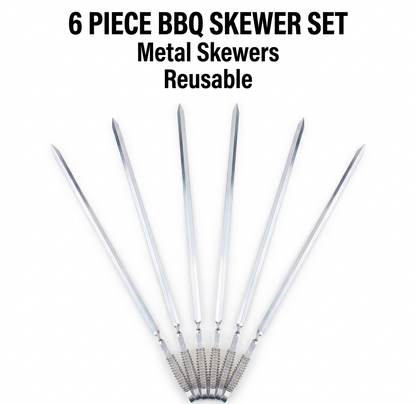 6 Piece Long Flat Blade BBQ Skewers with Spring Coil Handle – Heavy Duty Stainless Steel Kebab Skewers for Kofta, Shish, Meat & Vegetables, Outdoor Barbecue, Charcoal Grill & Camping