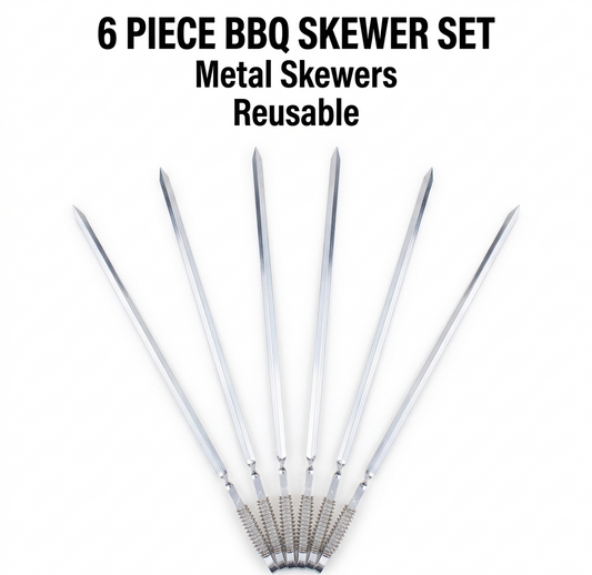 6 Piece Long Flat Blade BBQ Skewers with Spring Coil Handle – Heavy Duty Stainless Steel Kebab Skewers for Kofta, Shish, Meat & Vegetables, Outdoor Barbecue, Charcoal Grill & Camping