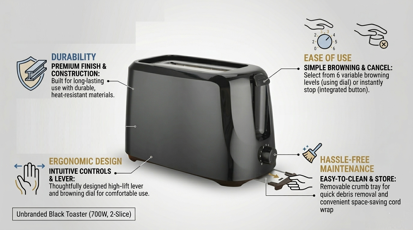 700W 2 Slice Toaster with 6 Browning Settings and Removable Crumb Tray – Compact Design – White or Black
