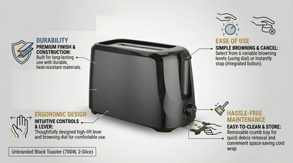 700W 2 Slice Toaster with 6 Browning Settings and Removable Crumb Tray – Compact Design – White or Black