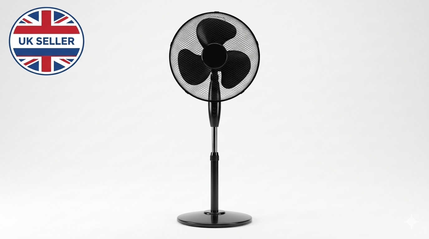 16 Inch Oscillating Stand Fan with Round Base | 3 Speed Silent Pedestal Fan | White & Black | 40cm UK Plug